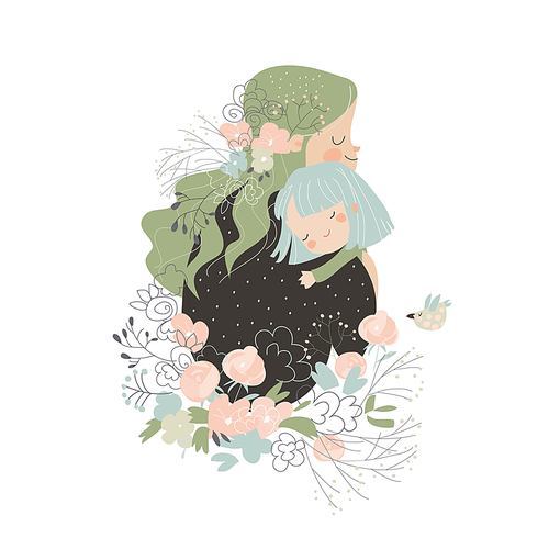 Beautiful mother hugging her daughter in flowers. Vector illustration