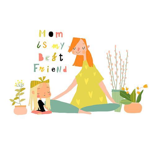 Beautiful mother doing yoga with her cute daughter. Vector illustration