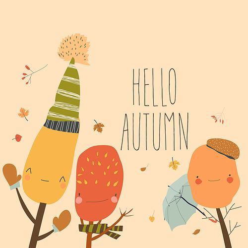 Cartoon colorful autumn trees saying hello. Vector illustration