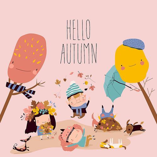 Happy kids playing with autumn leaves. Hello autumn. Vector illustration