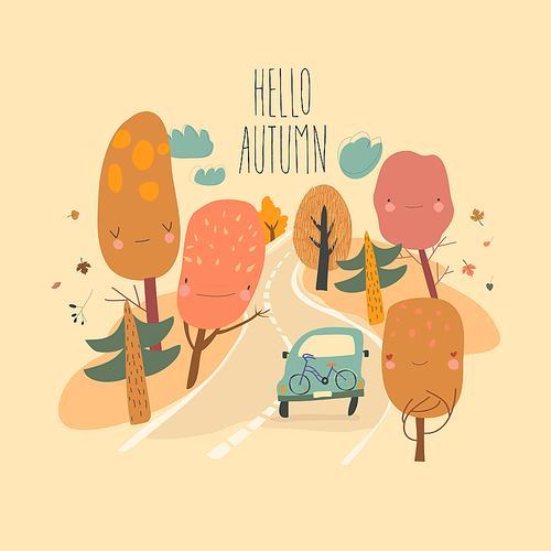 Car is driving on the road through autumn forest. Vector illustration