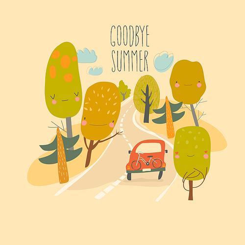 Car is driving on the road through summer forest. Vector illustration