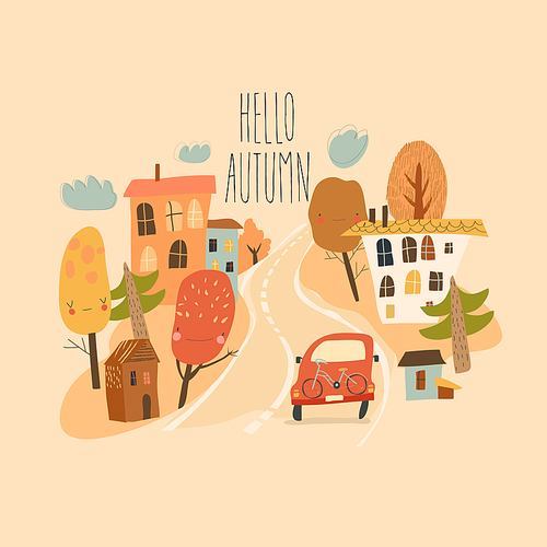 Car is driving on the road through small town. Vector illustration