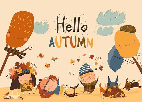 Happy kids playing with autumn leaves. Hello autumn. Vector illustration