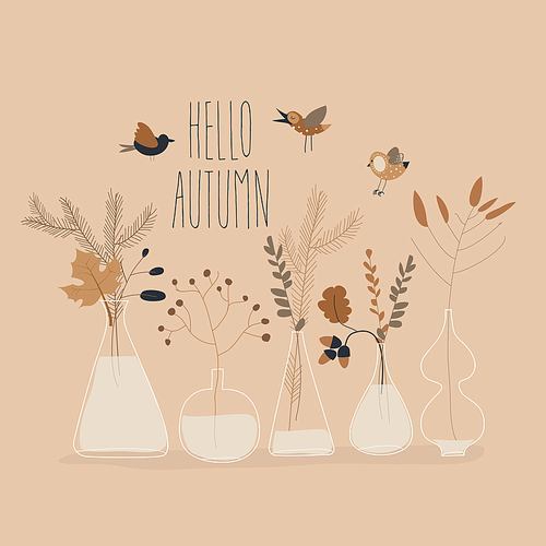 Cartoon autumn plants in different bottles. Vector illustration