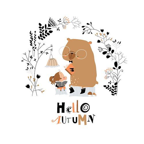 Cute cartoon girl reading book with bear. Vector illustration