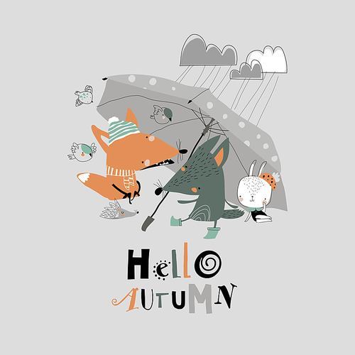 Funny animals under umbrella. Autumn time. Rainy weather. Vector image