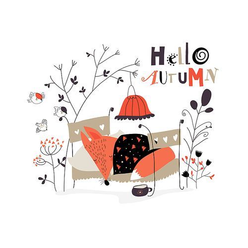 Cartoon little fox sleeping in bed in autumn forest. Vector illustration