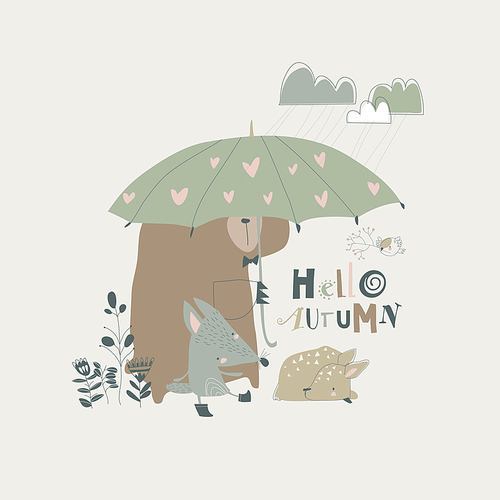 Funny animals under umbrella. Autumn time. Rainy weather. Vector image