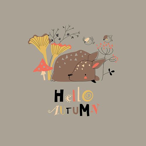 Cute little deer sleeping in the autumn forest. Vector illustration