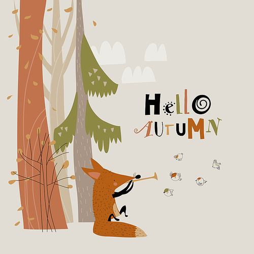 Cute fox playing the pipe for birds in autumn forest. Vector illustration