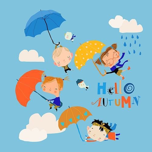 Happy Kids flying with Umbrellas in the Sky. Vector illustration