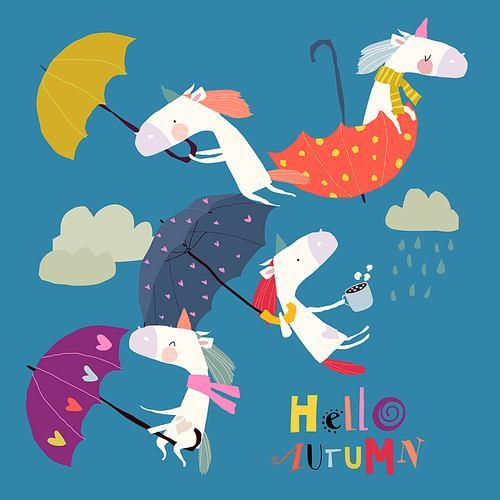 Funny Unicorns flying with Umbrellas in the Sky. Vector illustration