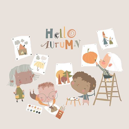 Cute cartoon Kids painting Pictures about Autumn. Vector Illustration