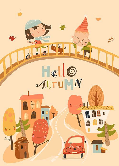 Cute Cartoon Children having fun and meeting Autumn. Vector illustration