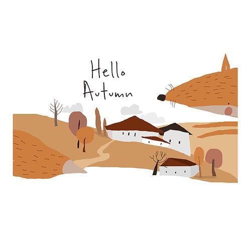 Cute Autumn landscape with Big Fox on White Background. Vector Illustration