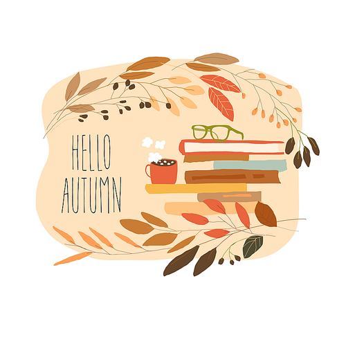 Cartoon Stack of Books with Eyeglasses and Cup in Autumn Wreath. Vector illustration