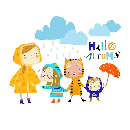 Illustration of Kids wearing Colorful Raincoats and Boots. Vector Illustrtion