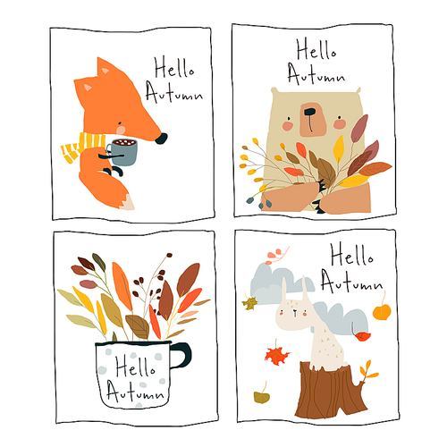 Four Little Vector Illustration with Funny Cartoon Animals meeting Autumn