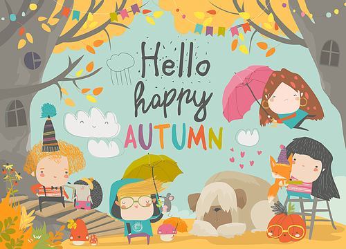 Cute children meeting autumn wearing warm clothes. Hello Autumn. Vector illustration