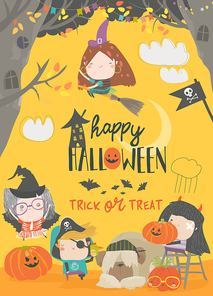 Funny children wearing in Halloween costumes. Vector illustration
