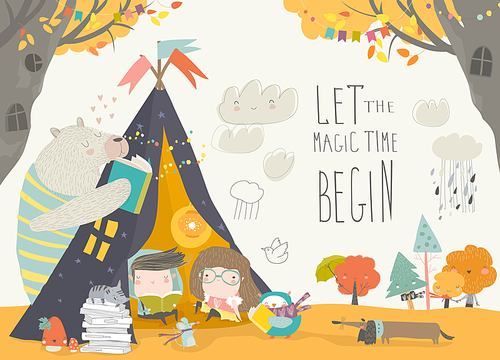 Kids reading book with animals in a teepee tent . Vector Illustration