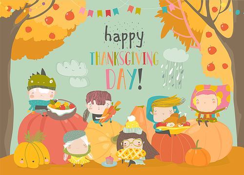 Cartoon children harvesting in autumn garden. Happy Thanksgiving Day. Vector illustration