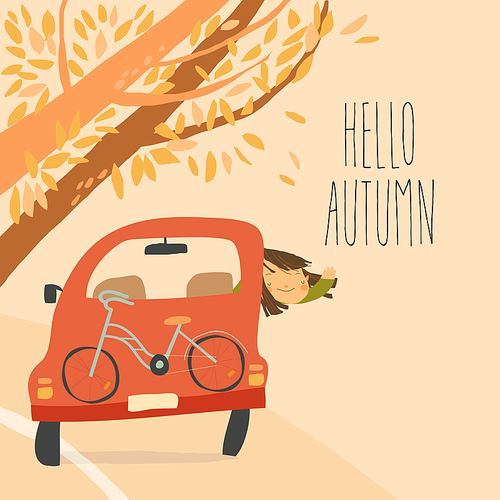 Cute Girl traveling in Car on the Road through Autumn Forest. Vector Illustration