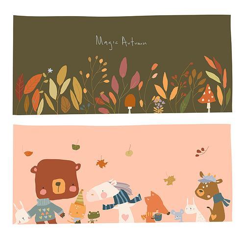 Cartoon Autumn Illustrations with Animals and Plants. Vector Illustration