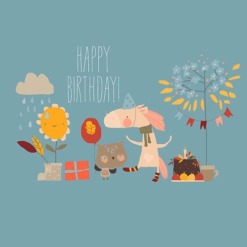 Happy Cartoon Friends Animals celebrating Autumn Birthday. Vector Illustration