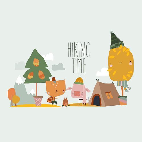 Cute Friends Animals hiking in Autumn Mountains. Vector Illustration