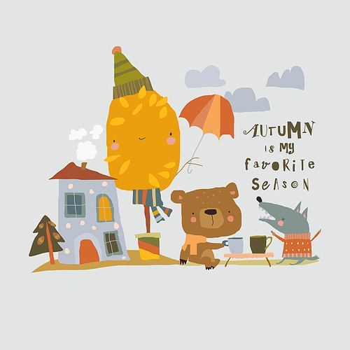vector illustration with funny animals  tea near their house in autumn forest