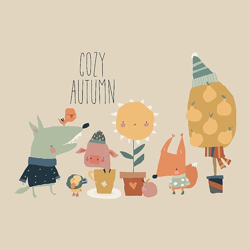 Vector Illustration with Cute Cartoon Animals and Autumn Elements