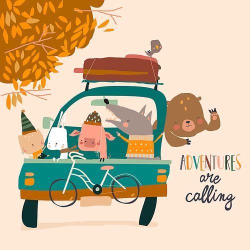 Happy Friends Animals traveling by Car. Adventures are calling. Vector Illustration