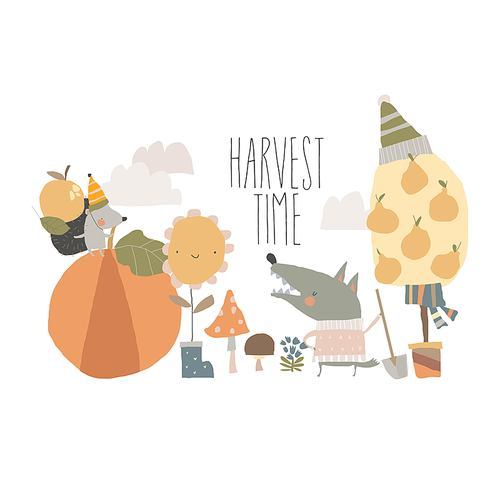Funny Friends Animals Harvesting in Autumn Garden. Vector Illustration