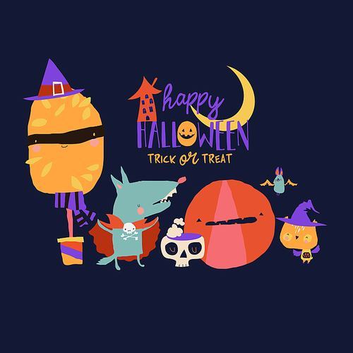 Cute Cartoon Animals celebrating Halloween in Carnival Costumes. Vector Illustration