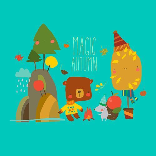 Vector Illustration with Cute Cartoon Animals and Autumn Landscape