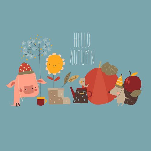 Vector Illustration with Cute Cartoon Animals and Autumn Elements