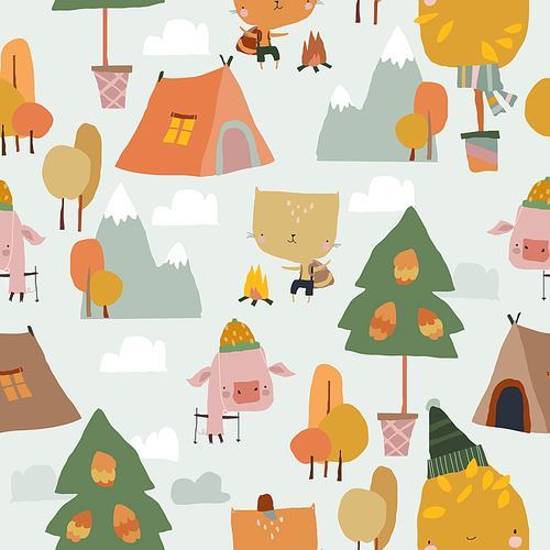 Vector Seamless Pattern with Funny Animals and Autumn Elements