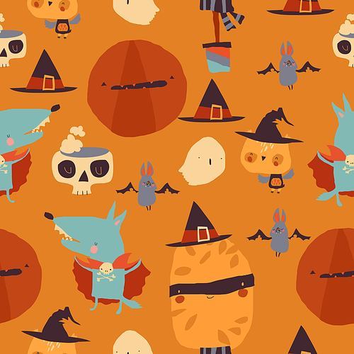 Vector Seamless Pattern with Halloween Elements on Orange Background