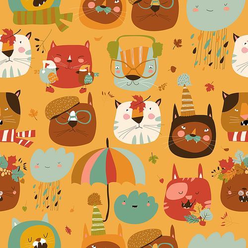 Vector seamless pattern with muzzles cats and autumn elements