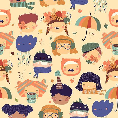 Vector seamless pattern with cute kids faces with autumn elements