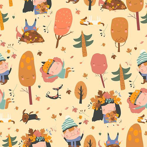 Vector seamless pattern with happy kids playing with autumn leaves