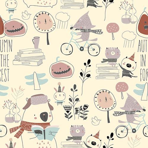 Vector seamless pattern with cute animals in autumn forest