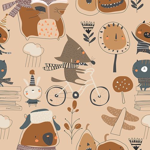 Vector seamless pattern with cute animals in autumn forest
