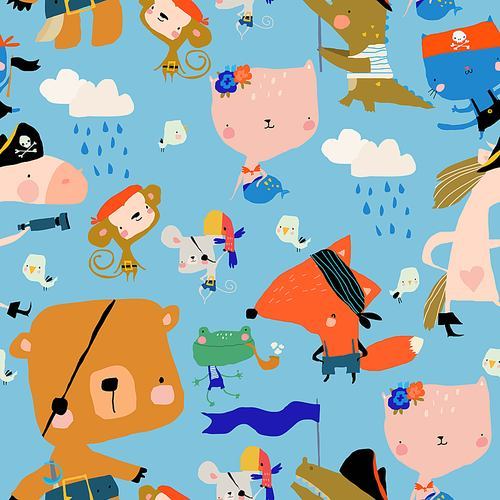 Vector Samless Pattern with Cartoon Animals celebrating Pirate Party