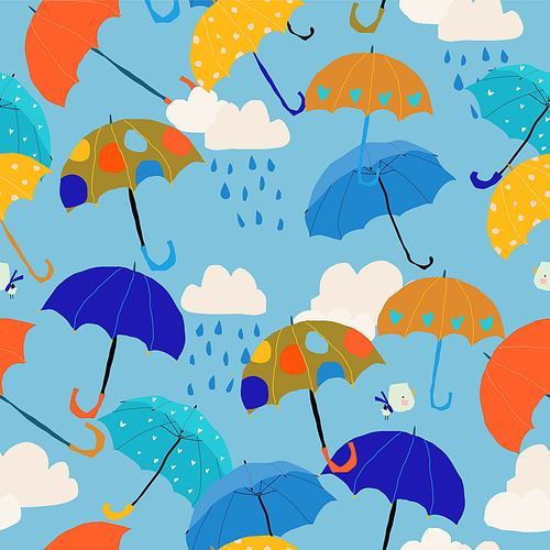 Vector Seamless Pattern with Colorful Umbrellas in the Sky