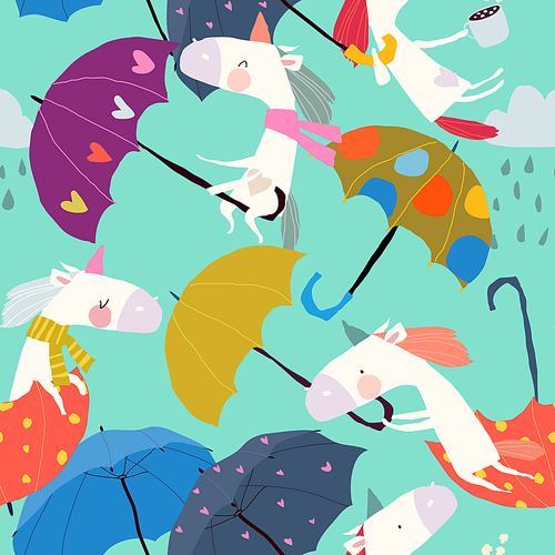 Vector Seamless Pattern with Funny Unicorns flying with Umbrellas in the Sky
