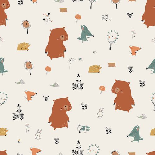 Vector Seamless Pattern with Cute Animals in Autumn Forest