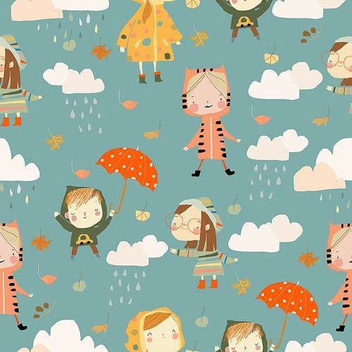 Vector Seamless Pattern with Kids wearing Colorful Raincoats and Boots